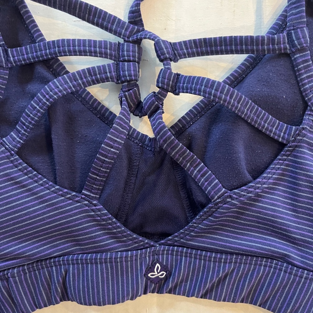 Prana Dreaming sports bra purple striped strappy caged back V neck size XS - Picture 5 of 8